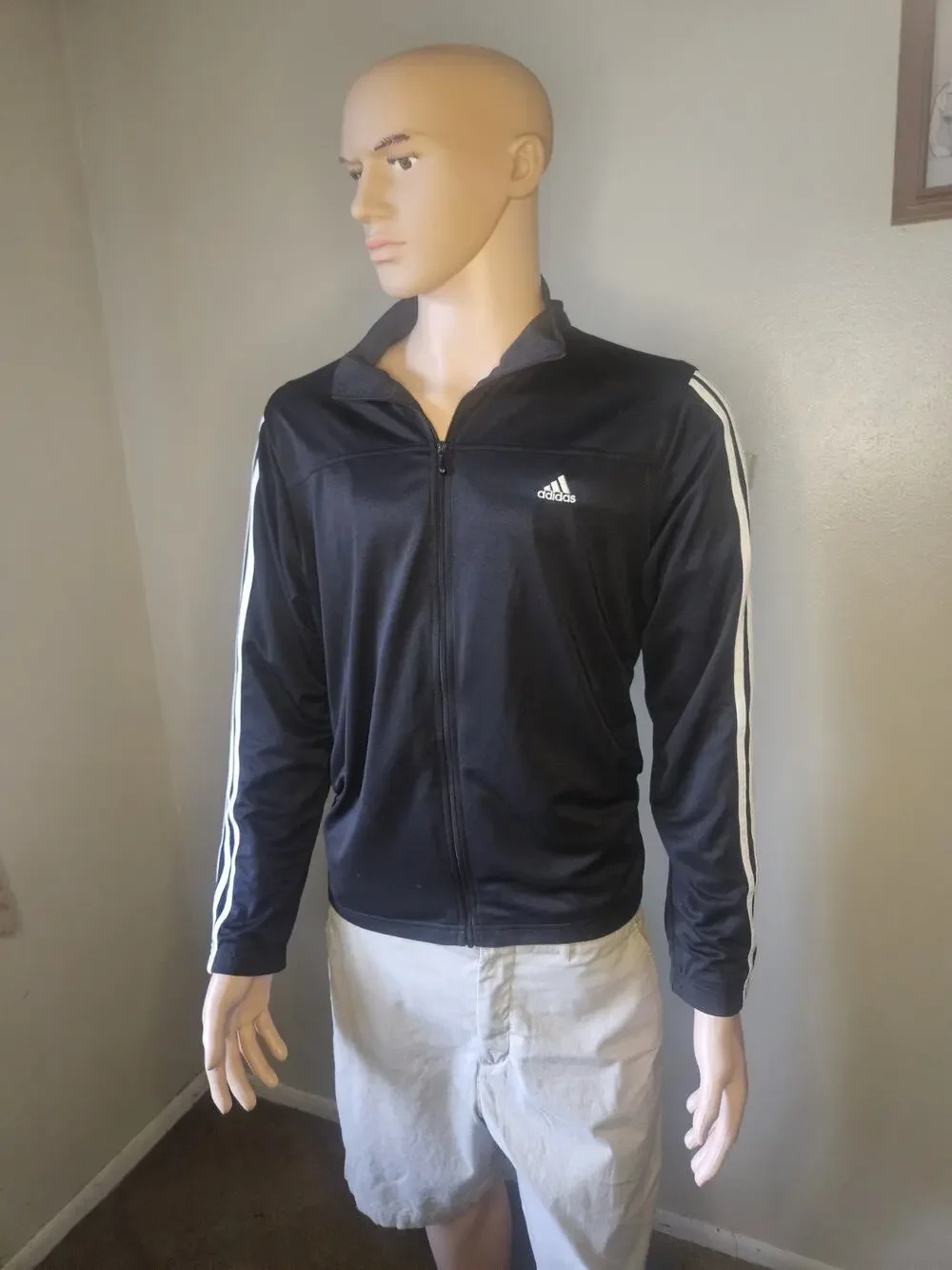 Adidas Black w White Stripes Full Front Zip Track Jacket Top X-LARGE USED